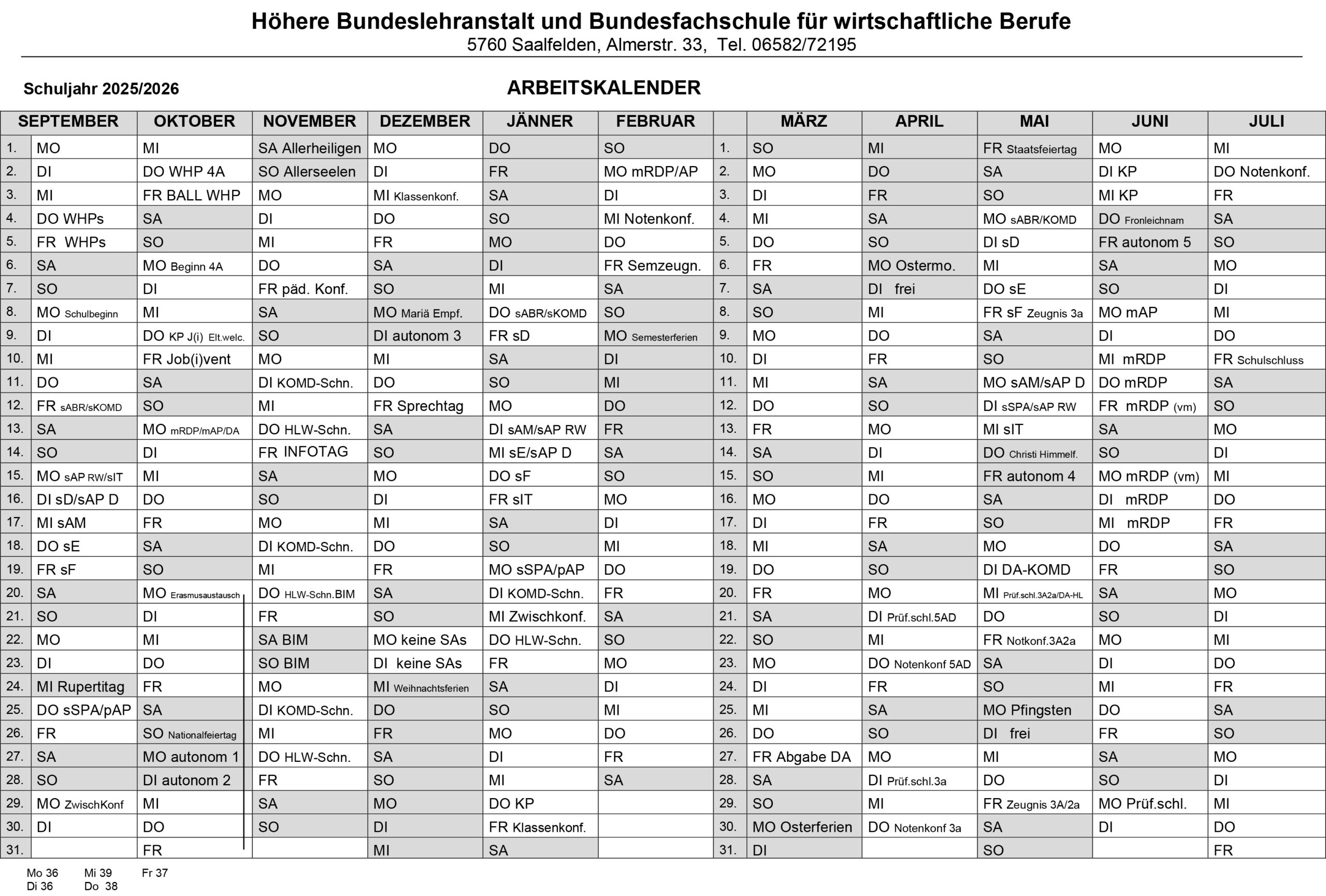 HBLW Saalfelden Kalender